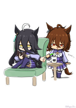 2girls agnes_tachyon_(umamusume) ahoge animal_ears black_hair book bow bowtie brown_hair chair chemical_structure chibi chibi_only coffee_mug cup ear_tag earrings hair_between_eyes highres holding holding_book holding_test_tube horse_ears horse_girl horse_tail jewelry long_bangs long_hair long_hair_between_eyes long_sleeves looking_at_viewer magnoliko manhattan_cafe_(umamusume) medium_hair mug multicolored_hair multiple_girls open_mouth pouring purple_sailor_collar purple_serafuku purple_shirt purple_skirt purple_thighhighs reaching reading red_eyes sailor_collar sailor_shirt school_uniform serafuku shirt single_earring sitting skirt smile table tail test_tube thighhighs tracen_school_uniform umamusume very_long_hair white_bow white_bowtie white_hair wolf_cut yellow_eyes