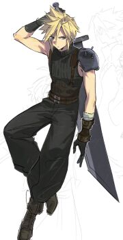 1boy arm_up armor belt black_gloves black_pants black_sweater blonde_hair blue_eyes buster_sword cloud_strife commentary_request final_fantasy final_fantasy_vii final_fantasy_vii_remake gloves highres holding holding_sword holding_weapon looking_at_viewer male_focus multiple_belts pants ribbed_sweater short_hair shoulder_armor shuisrs sleeveless sleeveless_turtleneck solo spiked_hair sweater sword sword_on_back turtleneck turtleneck_sweater weapon weapon_on_back