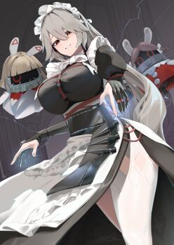 1girl alexandrina_sebastiane anastella_(zenless_zone_zero) apron bangboo_(zenless_zone_zero) black_dress black_gloves breasts dress drusilla_(zenless_zone_zero) gloves grey_hair hair_between_eyes large_breasts long_hair maid maid_headdress oza_osuwari pantyhose_cutout puffy_sleeves red_eyes spiked_headband very_long_hair zenless_zone_zero