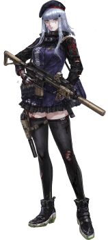 1girl assault_rifle beret blood eotech female_focus full_body german_flag german_text girls&#039;_frontline gloves green_eyes gun h&amp;k_hk416 handgun hat highres hk416_(girls&#039;_frontline) holding holding_gun holding_weapon holster holstered laser_pointer looking_at_viewer official_art osakana_(denpa_yun&#039;yun) rifle shoes silver_hair skirt sneakers solo suppressor thighhighs torn_clothes transparent_background trigger_discipline weapon