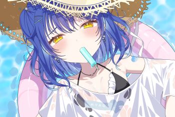 1girl amamiya_kokoro arm_tattoo bikini black_bikini black_bra blue_hair blush bra breasts breasts_apart commentary_request earrings food food_in_mouth frilled_bikini frilled_bra frills furrowed_brow hair_between_eyes hair_ornament hair_ribbon hairclip half-closed_eyes hat highres jewelry looking_at_viewer lying medium_hair melting_popsicle nijisanji omas_lie on_back pool pool_float popsicle popsicle_in_mouth ribbon shirt sidelocks solo sun_hat swimsuit tattoo underwear virtual_youtuber water wet wet_clothes wet_shirt x_hair_ornament