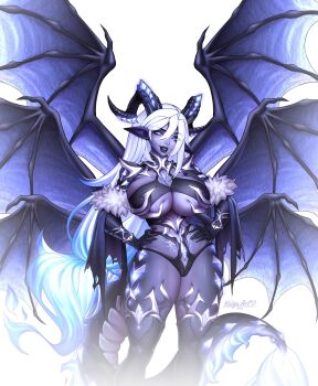 1girl absurdres black_sclera blue_eyes blue_fire blue_hair blue_skin blue_wings breasts colored_sclera colored_skin demon_girl demon_tail demon_wings dragon_girl dragon_tail dragon_wings fire gloves hair_between_eyes hands_on_own_hips highres horns kolga_art large_breasts long_hair looking_at_viewer monster_girl open_mouth oversized_wings pointy_ears simple_background smile solo spread_wings tail thighhighs torn_wings very_long_hair white_background white_hair wings