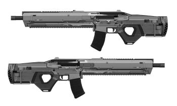 absurdres assault_rifle from_side greyscale gun highres magazine_(weapon) monochrome no_humans original puremage rifle science_fiction trigger weapon weapon_focus white_background