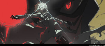 Rule 34 | 00s, 1girl, artist name, dix-neuf, glowing, glowing eyes, lal'c mellk mal, lens flare, mecha, open mouth, robot, scarf, short hair, smoke, steve ahn, thighhighs, top wo nerae! (series), top wo nerae 2!, watermark, web address