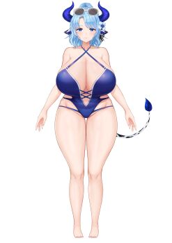 1girl absurdres animal_ears arms_at_sides bare_shoulders barefoot black_ribbon blue_eyes blue_flower blue_hair blue_one-piece_swimsuit blue_pupils breasts bright_pupils cleavage closed_mouth collarbone cow_ears cow_girl cow_tail cream_cod criss-cross_straps earrings eyewear_on_head flower frilled_thigh_strap full_body hair_flower hair_ornament hair_ribbon highres horns huge_breasts indie_virtual_youtuber jewelry miilkywayz mole mole_on_breast mole_under_eye mole_under_mouth navel official_art one-piece_swimsuit open_hands parted_bangs ribbon second-party_source see-through_clothes smile solo standing star-shaped_pupils star_(symbol) straight-on striped_ribbon sunglasses swimsuit symbol-shaped_pupils tachi-e tail thick_thighs thigh_strap thighs transparent_background virtual_youtuber white-framed_eyewear wide_hips