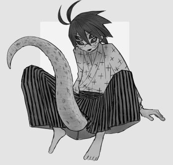 1boy :d @_@ alternate_species between_legs black_hair black_sclera colored_sclera commentary_request extra_eyes full_body grey_background greyscale hair_between_eyes hakama itoshiki_nozomu japanese_clothes kemonomimi_mode kimono lizard_tail looking_at_viewer magusagari male_focus monochrome open_mouth reptile_boy sayonara_zetsubou_sensei scales shosei simple_background sitting smile tail tail_between_legs