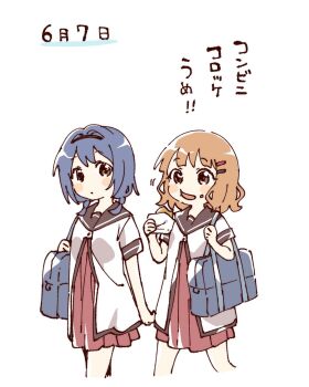2girls :d bag black_hairband blue_hair blush_stickers brown_eyes brown_hair brown_sailor_collar closed_mouth cropped_legs croquette dress eating food food_on_face furutani_himawari hair_ornament hairband hairclip hashtag-only_commentary highres holding holding_food multiple_girls namori nanamori_school_uniform oomuro_sakurako open_mouth parallel_hairclips pleated_dress red_dress sailor_collar school_bag school_uniform shirt short_hair short_sleeves simple_background smile standing summer_uniform translation_request white_background white_shirt yuruyuri
