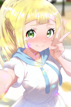 1girl absurdres blonde_hair blue_sailor_collar blurry blurry_background blush closed_mouth green_eyes highres lillie_(pokemon) looking_at_viewer nintendo pokemon pokemon_sm ponytail sailor_collar selfie shirokumaru_(yafm7388) shirt skirt smile solo v white_shirt white_skirt