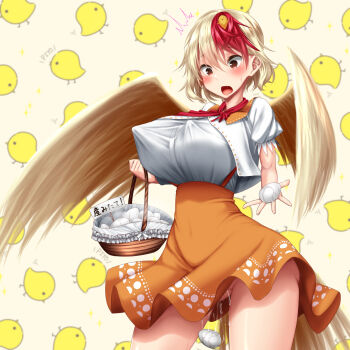 1girl ^^^ animal animal_on_head basket bird bird_on_head bird_tail bird_wings blonde_hair blush breasts covered_navel cowboy_shot egg egg_laying highres kawahagitei large_breasts looking_down multicolored_hair niwatari_kutaka no_panties on_head orange_skirt patterned_background puffy_short_sleeves puffy_sleeves pussy_juice pussy_juice_drip pussy_juice_trail red_eyes red_hair red_neckwear shirt short_hair short_sleeves sign skirt smile solo standing streaked_hair surprised suspender_skirt suspenders tail taut_clothes touhou translation_request white_shirt wings