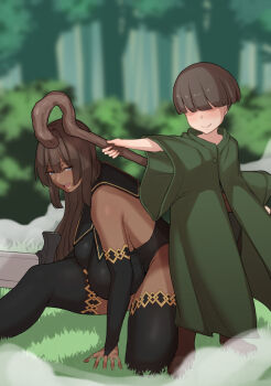 1boy 1girl ass blue_eyes breasts brown_hair dark-skinned_female dark_skin hetero highres huge_breasts long_hair open_mouth shota smile source_request weapon yuuhoku.