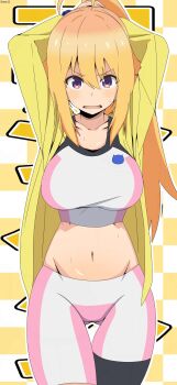 1girl absurdres adjusting_hair ahoge bambi2000line bike_shorts blonde_hair breasts cosplay embarrassed gundam highres hoshino_fumina hoshino_fumina_(cosplay) jacket koshi_torako navel open_mouth shikanoko_nokonoko_koshitantan shorts sports_bra white_shorts white_sports_bra yellow_eyes yellow_jacket