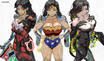 1girl 3girls absolute_dc absolute_wonder_woman absurdres aquaman_(dc) bare_shoulders batman batman_symbol black_hair blue_eyes blue_jacket boots breasts colored_inner_hair commentary dc_comics denim denim_jacket earrings english_commentary food green_arrow green_lantern green_lantern_(series) hands_on_own_hips hawkman highres hoop_earrings ice_cream jacket jacket_on_shoulders jewelry large_breasts lasso lasso_of_truth leotard long_hair martian_manhunter multicolored_hair multiple_girls owlman park_ongjol solo star_(symbol) star_print superhero_costume superman superman_(series) superman_logo superwoman the_flash the_flash_(series) tiara twitter_username ultraman_(dc) white_background wonder_woman wonder_woman_(series)
