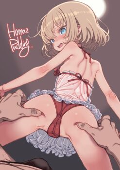 1boy 1girl ass blonde_hair blue_eyes blush commentary_request girls_und_panzer hetero highres katyusha_(girls_und_panzer) loli looking_back open_mouth paid_reward_available panties puddinghomhom short_hair underwear variant_set