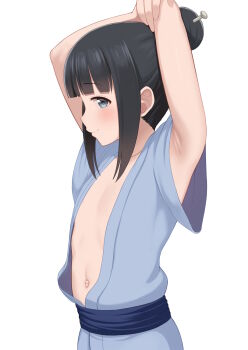 1girl armpits arms_up atg_(wttoo0202) black_hair blue_eyes blush closed_mouth flat_chest from_side highres japanese_clothes kunoichi_tsubaki_no_mune_no_uchi loli looking_at_viewer mokuren_(kunoichi_tsubaki_no_mune_no_uchi) navel short_sleeves simple_background smile solo upper_body white_background