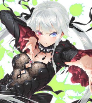 1girl bishoujo_mangekyou:_norowareshi_densetsu_no_shoujo bishoujo_mangekyou_(series) black_dress blue_eyes blush breasts cleavage commentary_request cropped dress frilled_sleeves frills hair_ribbon happoubi_jin heterochromia highres kagarino_kirie lace lace_dress long_hair looking_at_viewer parted_lips red_eyes ribbon small_breasts solo twintails upper_body white_hair