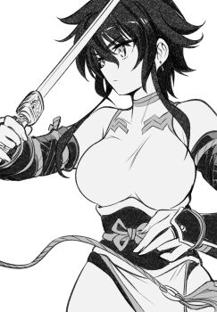 1girl black_hair breasts expressionless highres kato_takuji large_breasts monochrome simple_background sword tagme weapon white_background