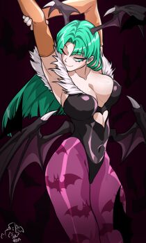 1girl armpits bat_wings black_leotard breasts bridal_gauntlets capcom cleavage darkstalkers demon_girl green_eyes green_hair head_wings highleg highleg_leotard highres leotard long_hair looking_at_viewer morrigan_aensland pantyhose purple_pantyhose sagen0603 smile solo wings