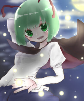 1girl :o antennae aomi_mashiro arm_behind_head black_cape blurry blurry_background blush cape commentary fireflies green_eyes green_hair juliet_sleeves long_sleeves looking_at_viewer moon outdoors puffy_sleeves shirt short_hair solo touhou two-sided_cape two-sided_fabric white_shirt wriggle_nightbug