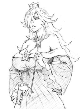 1girl alternate_breast_size_(larger) bare_shoulders blonde_hair breasts brooch cleavage crown dress earrings greyscale hair_between_eyes hair_over_one_eye holding holding_wand jewelry kubo_tite_(style) large_breasts long_hair long_sleeves mario_(series) monochrome nintendo off-shoulder_dress off_shoulder open_mouth rakusakugk rosalina silver_crown simple_background sketch solo star_(symbol) star_brooch star_earrings star_wand super_mario_galaxy wand white_background