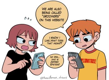 1boy 1girl artist_name black_shirt brown_hair cellphone commentary egosearching english_commentary freckles highres holding holding_phone kim_pine pencilman_draws phone red_hair scott_pilgrim scott_pilgrim_(series) shirt smartphone speech_bubble twitter yellow_shirt