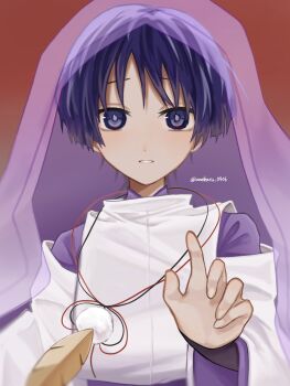 1boy amhr_46 choppy_bangs clothing_cutout curled_fingers feathers genshin_impact highres japanese_clothes kariginu layered_sleeves long_sleeves looking_at_viewer male_focus open_hand parted_lips pom_pom_(clothes) purple_eyes purple_hair purple_pupils purple_sash purple_sleeves purple_veil reaching reaching_towards_viewer red_background sash scaramouche_(genshin_impact) scaramouche_(kabukimono)_(genshin_impact) see-through_clothes see-through_veil shoulder_cutout solo straight-on string twitter_username veil white_mouth white_sleeves yellow_feathers