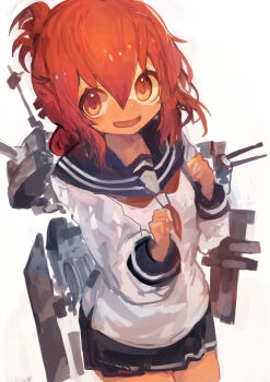 1girl absurdres black_sailor_collar black_skirt brown_eyes brown_hair commentary folded_ponytail hair_between_eyes highres inazuma_(kancolle) kaamin_(mariarose753) kantai_collection long_sleeves looking_at_viewer miniskirt neckerchief open_mouth red_neckerchief rigging sailor_collar school_uniform serafuku simple_background skirt solo white_background