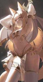 1girl absurdres alternate_costume animal_ear_fluff animal_ears armlet armpits arms_up blonde_hair blue_archive breasts closed_mouth commentary covered_mouth crop_top dancer detached_sleeves ear_wreath extra_ears fox_ears fox_girl fox_tail from_below halo harem_outfit highres jewelry long_hair looking_at_viewer mahou_gnome mouth_veil pelvic_curtain see-through_clothes see-through_sleeves see-through_veil seia_(blue_archive) small_breasts smile solo tail thighhighs thighs veil white_thighhighs yellow_eyes yellow_halo yellow_tail