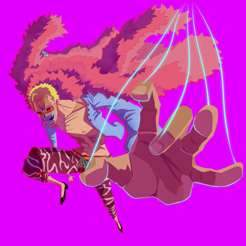 1boy absurdres blonde_hair coat commentary donquixote_doflamingo english_commentary feather_coat full_body highres inktober male_focus msudrawings one_piece open_clothes open_shirt pants pink_coat purple_background shirt short_hair simple_background solo string sunglasses tongue tongue_out white_shirt