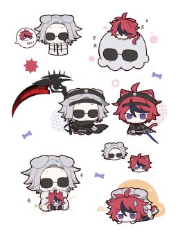 2boys :&lt; :d absurdres ahoge animal_ears animalization aotsuki_eito black_cape black_cloak black_gloves black_jacket black_streaks blue_eyes blue_jacket boy_on_top cape cat_boy cat_ears cat_tail chibi chibi_only cloak dog_boy dog_ears dog_tail dripping_eye gakuran gloves grey_hair grey_jacket head_only headgear highres holding holding_chibi holding_scythe holding_sword holding_weapon hood hoodie image_in_speech_bubble jacket jacket_over_hoodie kemonomimi_mode last_defense_academy_school_uniform male_focus multicolored_hair multicolored_jacket multiple_boys multiple_views octopus on_animal open_mouth qiming_zhende_hao_nan red_hair school_uniform scythe short_hair sleeping smile streaked_hair sumino_takumi sunglasses sweatdrop sword tail the_hundred_line_-last_defense_academy- triangle_mouth two-tone_jacket weapon white_background white_hoodie white_jacket zzz