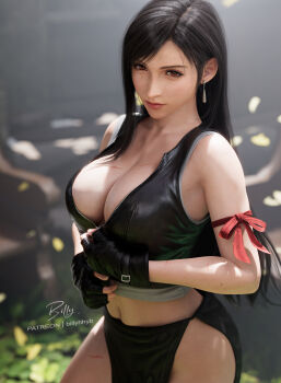 1girl 3d artist_name bare_shoulders billyhhyb black_gloves black_hair black_skirt breasts cleavage crop_top earrings final_fantasy final_fantasy_vii final_fantasy_vii:_advent_children final_fantasy_vii_remake fingerless_gloves gloves highres jewelry large_breasts long_hair looking_at_viewer midriff navel patreon_username red_eyes red_ribbon ribbon scar side_slit skirt sleeveless solo stomach thighs tifa_lockhart vest zipper