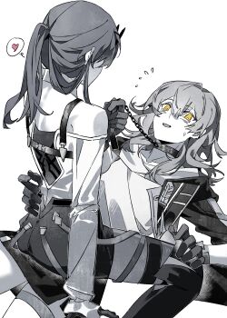 2girls absurdres animal_collar chain chain_leash collar gloves heart highres holding holding_leash honkai:_star_rail honkai_(series) kafka_(honkai:_star_rail) leash long_hair long_sleeves multiple_girls ponytail sitting sitting_on_person spoken_heart spot_color stelle_(honkai:_star_rail) trailblazer_(honkai:_star_rail) xianyuqihaouki yellow_eyes yuri