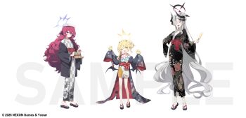 3girls absurdres black_halo black_horns black_wings blonde_hair blue_archive blue_halo breasts commentary_request curved_horns demon_girl demon_horns demon_wings floral_print floral_print_kimono fluffy_hair full_body geta gradient_halo gradient_horns grey_eyes grey_hair hair_between_eyes hair_over_one_eye halo highres horns ibuki_(blue_archive) iroha_(blue_archive) japanese_clothes kimono long_hair low_wings makoto_(blue_archive) misyune multicolored_halo multicolored_horns multiple_girls multiple_horns open_mouth pointy_ears print_kimono red_hair red_halo sample_watermark small_breasts standing watermark wings yellow_eyes yellow_halo yukata
