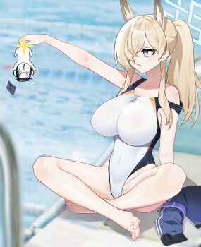 1boy 1girl absurdres animal_ear_fluff animal_ears barefoot blonde_hair blue_archive blue_eyes blue_halo blurry breasts competition_swimsuit covered_navel depth_of_field dog_ears dog_girl doodle_sensei_(blue_archive) extra_ears hair_over_one_eye halo highleg highleg_one-piece_swimsuit highres iblod indian_style jacket kanna_(blue_archive) kanna_(swimsuit)_(blue_archive) large_breasts long_hair looking_at_viewer mini_person miniboy notched_ear official_alternate_costume one-piece_swimsuit ponytail pool_ladder sensei_(blue_archive) shorts sitting solo sparkle_censor strap_slip swimsuit teacher unworn_jacket unworn_shorts white_one-piece_swimsuit