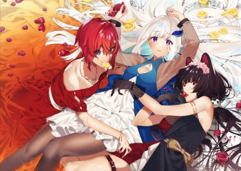 3girls alternate_costume ange_katrina animal_ears animal_hair_ornament aqua_hair armlet armpit_crease armpits arms_up bare_shoulders belt black_dress black_gloves black_hair blue_dress blue_eyes blue_nails blush bracelet breasts cleavage_cutout clothing_cutout collarbone colored_inner_hair commentary_request dog_ears dress eating flower food fruit gloves gold_armlet gold_bow gold_bracelet gold_necklace gold_ring gradient_clothes gradient_dress hair_between_eyes hair_flower hair_intakes hair_ornament hair_spread_out heterochromia highres holding holding_food holding_fruit inui_toko jewelry layered_dress lemon lemon_slice lize_helesta long_dress long_hair looking_at_viewer medium_breasts mouth_hold multicolored_hair multiple_girls nail_polish necklace nijisanji off-shoulder_dress off_shoulder orange_dress parted_lips pink_flower pomegranate puffy_short_sleeves puffy_sleeves purple_eyes raspberry red_dress red_eyes red_hair see-through_cleavage see-through_clothes see-through_gloves see-through_sleeves short_dress short_hair short_sleeves sino42 sleeveless sleeveless_dress small_breasts smile strawberry thigh_strap triangle_hair_ornament two-tone_hair very_long_hair virtual_youtuber white_belt white_dress white_hair yellow_eyes
