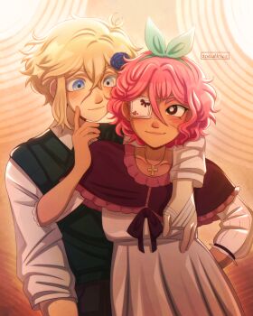 1boy 1girl alternate_costume alternate_hair_length alternate_hairstyle alternate_sleeve_length alternate_universe antenna_hair artist_name aubrey_(faraway)_(omori) aubrey_(omori) basil_(faraway)_(omori) basil_(omori) black_eyes blonde_hair blue_eyes blue_hairband blush breasts bright_pupils closed_mouth collarbone collared_shirt commentary cross cross_necklace english_commentary eyepatch flower freckles green_sweater_vest hair_flower hair_ornament hairband highres jewelry long_sleeves looking_at_another necklace omori pink_hair scar scar_on_face shirt short_hair sidelocks small_breasts smile sweater_vest white_pupils white_shirt zoewillowz