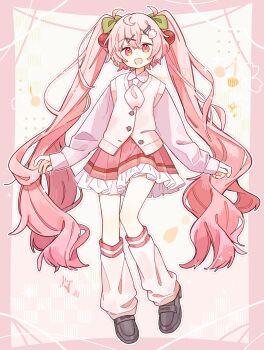 1girl :d a-pose absurdres artist_name black_shoes bow cherry cherry_blossoms cherry_hair_ornament collared_shirt commentary dot_nose food food-themed_hair_ornament frilled_skirt frills fruit full_body green_bow hair_between_eyes hair_bow hair_ornament hairclip hatsune_miku high-waist_skirt highres kneehighs komerina light_blush loafers long_hair long_sleeves looking_at_viewer necktie open_mouth partially_unbuttoned pink_background pink_eyes pink_hair pink_necktie pink_shirt pink_skirt pink_socks pink_theme pleated_skirt sakura_miku shirt shoes short_necktie sidelocks skirt sleeves_past_wrists smile socks solo standing star_(symbol) sweater_vest twintails very_long_hair vocaloid white_sweater_vest white_trim x_hair_ornament