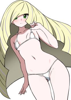 1girl alternate_costume areola_slip bikini blonde_hair blush closed_mouth collarbone cowboy_shot ecgg_(tsuji418477) green_eyes hand_up highres long_hair looking_at_viewer lusamine_(pokemon) micro_bikini navel nintendo pokemon pokemon_sm simple_background solo swimsuit white_background white_bikini