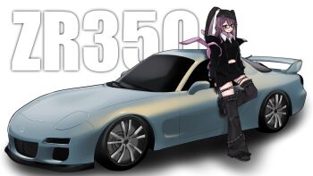 1girl absurdres animal_bag backpack bag black_jacket black_shirt black_skirt black_thighhighs car collared_shirt commentary_request glasses grand_theft_auto grand_theft_auto_v highres jacket knee_up loose_thighhigh midriff motor_vehicle online_character_(gta_v) purple_hair shirt skirt so4_(so4maru) solo sports_car thighhighs vehicle_focus vehicle_name zr350_(grand_theft_auto)