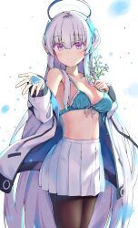 Rule 34 | 1girl, alternate costume, black pantyhose, blue archive, blue bra, blunt bangs, bra, breasts, cleavage, coat, collarbone, commentary request, flower, halo, headgear, highres, holding, holding flower, large breasts, long hair, long sleeves, looking at viewer, natie, navel, noa (blue archive), open clothes, open coat, pantyhose, pleated skirt, purple eyes, sidelocks, simple background, skirt, solo, spaghetti strap, stomach, underwear, white background, white coat, white hair, white skirt