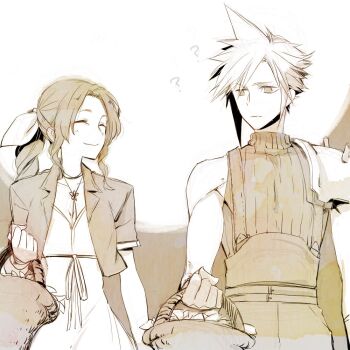 1boy 1girl ? aerith_gainsborough armor basket belt braid braided_ponytail breasts choker cleavage closed_eyes cloud_strife cropped_jacket final_fantasy final_fantasy_vii final_fantasy_vii_remake flower_basket flower_choker hair_ribbon holding holding_basket light_blush long_hair looking_at_another medium_breasts multiple_belts pants parted_bangs ribbon sepia shiyu.jyoukou short_hair short_sleeves shoulder_armor sidelocks single_bare_shoulder single_braid single_shoulder_pad sleeveless sleeveless_turtleneck smile spiked_hair suspenders swept_bangs turtleneck upper_body wavy_hair