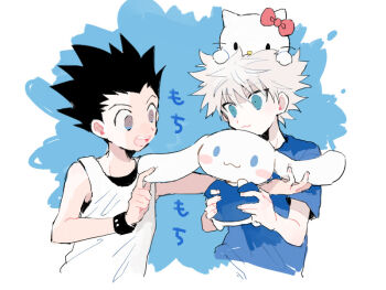 2boys :3 black_hair black_shirt blue_eyes blue_shirt blush_stickers bow brown_eyes cinnamoroll cropped_torso crossover fuwa_fuwa_cinnamoroll gon_freecss hair_bow hello_kitty hello_kitty_(character) holding hunter_x_hunter killua_zoldyck looking_down male_focus multiple_boys on_head open_mouth outstretched_arm red_bow sanrio shirt short_sleeves smcms-m smile teeth upper_teeth_only white_background white_shirt widow&#039;s_peak wristband