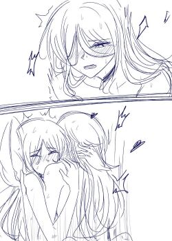 2girls bang_dream! bang_dream!_it&#039;s_mygo!!!!! blush chihaya_anon chinese_commentary commentary_request fanjing hug long_hair monochrome multiple_girls nagasaki_soyo nude open_mouth sweat yuri