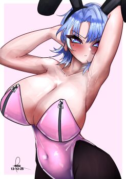 armpits blue_hair breasts commentary english_commentary highres large_breasts original playboy_bunny runa_(runasi) wolf_cut