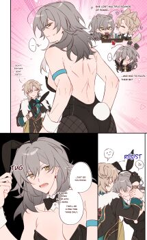 1boy 1girl absurdres animal_ears aventurine_(honkai:_star_rail) backless_outfit blonde_hair breasts card cleavage couple english_text fake_animal_ears fox_boy fox_ears grey_hair hetero highres honkai:_star_rail honkai_(series) majunjuu muscular muscular_back muscular_female playboy playing_card rabbit_ears rabbit_girl short_hair speech_bubble stelle_(honkai:_star_rail) sweat trailblazer_(honkai:_star_rail)