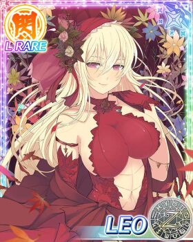 Rule 34 | 1girl, aquarius (symbol), aries (symbol), autumn leaves, bare shoulders, belly chain, blonde hair, blue flower, blush, bonnet, breasts, bridal gauntlets, cancer (symbol), capricorn (symbol), card (medium), character name, clothing cutout, dodecagram, dress, earrings, flower, flower-trimmed dress, gemini (symbol), gloves, green flower, grey flower, hair between eyes, hair ornament, headdress, jewelry, large breasts, leaf, leaf hair ornament, leo (senran kagura), leo (symbol), libra (symbol), linea alba, lips, long hair, looking at viewer, navel cutout, necklace, official art, pendant, petals, pink flower, pisces (symbol), purple eyes, red bonnet, red dress, red flower, red gloves, revealing clothes, sagittarius (symbol), scan, school emblem, scorpio (symbol), senran kagura, senran kagura new wave, sideboob, single glove, sleeveless, smile, solo, stomach, stomach cutout, taurus (symbol), very long hair, virgo (symbol), yaegashi nan, yellow flower, zodiac wheel