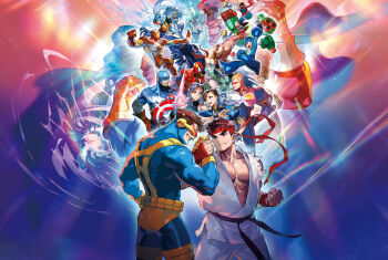 5girls 6+boys ahoge arm_cannon arm_up armor artist_request bare_shoulders black_sash blonde_hair blue_bodysuit blue_dress blue_helmet blue_jacket bodysuit brown_hair capcom captain_america captain_america_(series) captain_commando captain_commando_(character) china_dress chinese_clothes chun-li clash claw_(weapon) claws colored_skin cyclops_(x-men) dark-skinned_female dark_skin darkstalkers demon_girl demon_wings doctor_doom double_bun dougi dress green_hair grey_hair hair_bun hat head_wings headband helmet highres holding holding_shield holding_sword holding_weapon infinity_gauntlet iron_man iron_man_(series) jacket long_hair looking_at_another m._bison marvel marvel_super_heroes marvel_super_heroes_vs._street_fighter marvel_vs._capcom marvel_vs._capcom_2 mask mecha mega_man_(character) mega_man_(classic) mega_man_(series) mega_man_legends_(series) morrigan_aensland mouth_mask multiple_boys multiple_girls multiple_wings muscular muscular_male ninja official_art pants pink_dress power_armor psylocke purple_hair purple_skin red_bodysuit red_eyes red_hat red_headband red_scarf robot ryu_(street_fighter) sash scarf shield short_hair spider-man spider-man_(series) star_(symbol) storm_(x-men) street_fighter strider_(game) strider_hiryuu sword thanos topless_male tron_bonne_(mega_man) tunic venom_(marvel) weapon white_armor white_bodysuit white_pants white_tunic wings wolverine_(x-men) x-men x-men:_children_of_the_atom x-men_vs._street_fighter x-men_vs_street_fighter yellow_bodysuit zangief