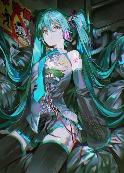 1girl absurdres android bare_shoulders black_sleeves blue_eyes blue_hair cable commentary cracked_skin detached_sleeves grey_shirt grey_skirt hatsune_miku headphones highres long_hair looking_at_viewer miniskirt parted_lips pleated_skirt pong_(pong_o0) shirt skirt solo torn_clothes torn_shirt trash_bag twintails very_long_hair vocaloid