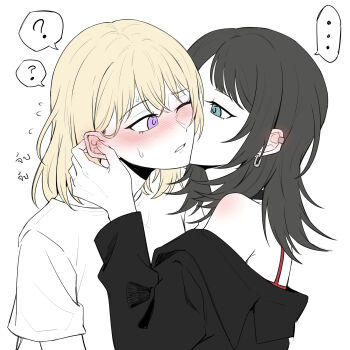 ... 2girls ? bang_dream! bang_dream!_it&#039;s_mygo!!!!! black_hair black_jacket blonde_hair blue_eyes blush commentary_request ear_blush earclip earrings flying_sweatdrops grabbing_another&#039;s_ear hand_on_another&#039;s_ear highres jacket jewelry kiss kissing_cheek long_hair looking_at_another misumi_uika multiple_girls one_eye_closed parted_lips purple_eyes red_shirt shirt short_sleeves simple_background spoken_ellipsis spoken_question_mark thai_commentary thai_text upper_body white_background white_shirt yahata_umiri yknklv yuri
