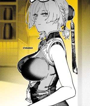 Rule 34 | 1girl, bare shoulders, black-framed eyewear, black dress, breasts, china dress, chinese clothes, closed mouth, clothing cutout, commentary request, cutout above navel, dotted background, dress, eyewear on head, from side, greyscale with colored background, half-closed eyes, highres, large breasts, light smile, looking at viewer, otimusyairoha, solo, sunglasses, sweety (zenless zone zero), tinted eyewear, twitter username, underboob cutout, upper body, yellow background, zenless zone zero