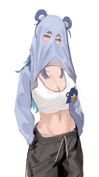 1girl animal_ears bear_ears blue_eyes blue_hair breasts covered_face drawstring fujikura_uruka large_breasts looking_at_viewer midriff multicolored_hair navel ndrph pants phase_connect sports_bra stomach streaked_hair sweater sweatpants tagme underwear virtual_youtuber